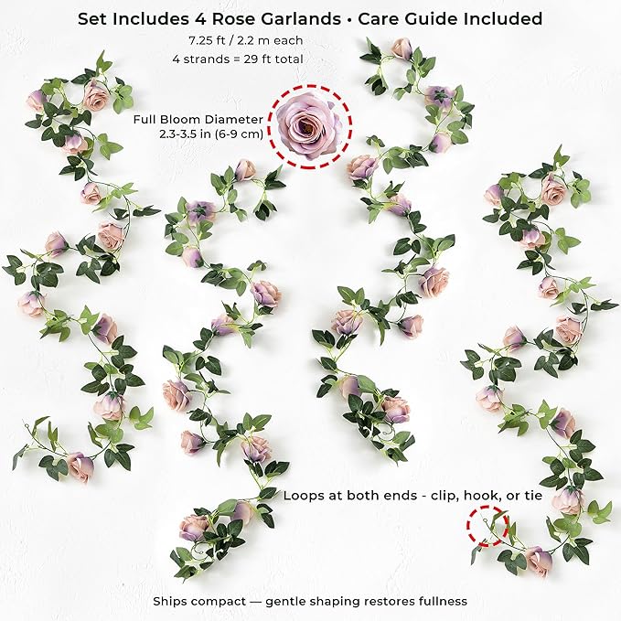 FiveSeasonStuff Smoky Purple Rose Silk Flower Garland Artificial Flowers Decoration Hanging Floral Décor for Wedding Baby Shower Birthday Party Garden 29 Ft 4 Pack