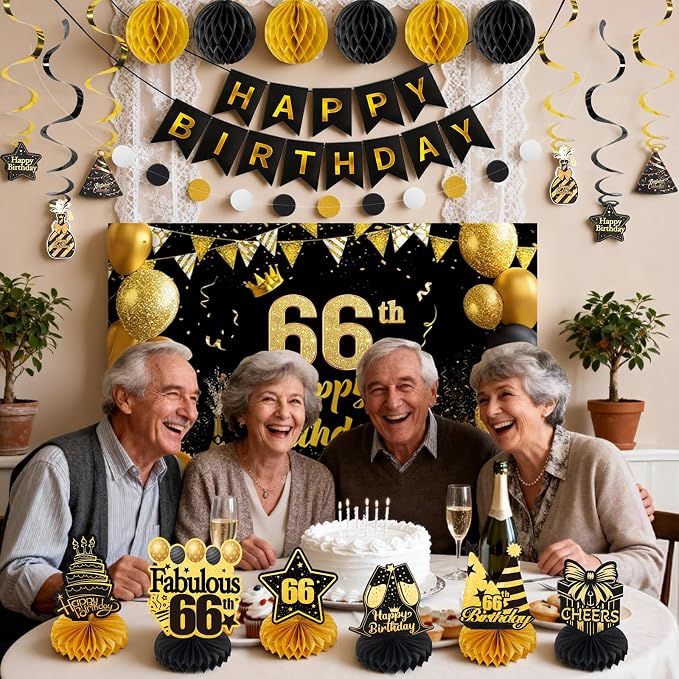 Happy 66th Birthday Party Decoration: Including Birthday Banner Backdrop, Party Table Centerpieces and Hanging Swirl Party Streamers, Birthday Decor for Men and Women (Gold/Black, 66th Birthday)