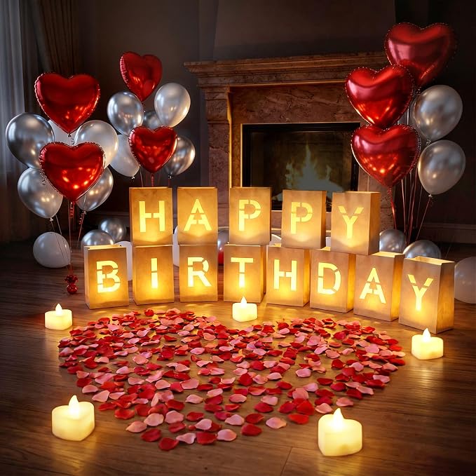 Happy Birthday Decorations, Happy Birthday Decoration for Men Women, Happy Birthday Light up Sign with 48pcs Tea Candles, 20pcs Latex Balloons, 10pcs Aluminum Balloons, 2000pcs Rose Petals