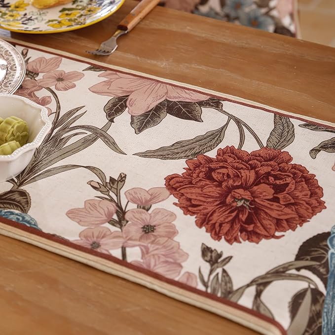 bilin gaier Linen Floral Table Runner 87 Inches Long,Vintage Rustic Farmhouse Blue and Red Flower Table Runners,Table Decoration for Coffee & Dining Table Home Party Kitchen.12 x87-Burgundyred