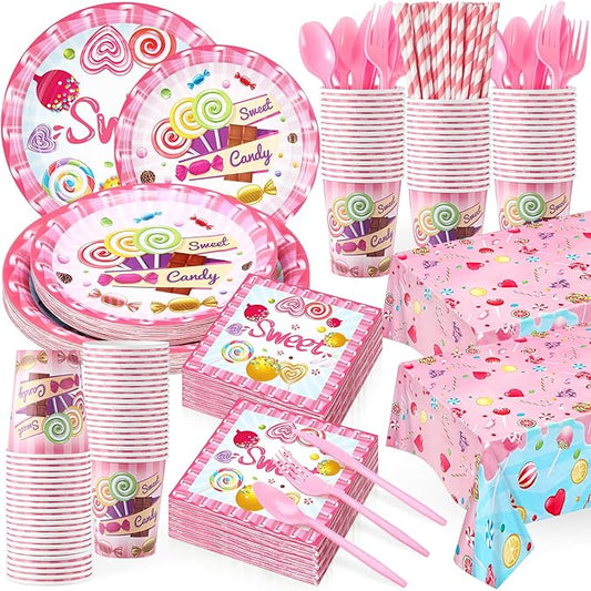 Funnymoom 452 Pcs Candyland Party Decorations Include Candy Paper Plates Napkins Cups Tablecloth Cutlery Straws Candy Birthday Dinnerware Disposable for Birthday Baby Shower Party Supplies