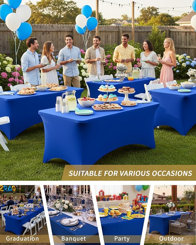 Fixwal 6 Pack 6Ft Royal Blue Table Cover, Spandex Fitted Tablecloths Rectangle, Wrinkle-Free and Stretch Folding Table Cloth for Banquet, Wedding, Party, Trade Show