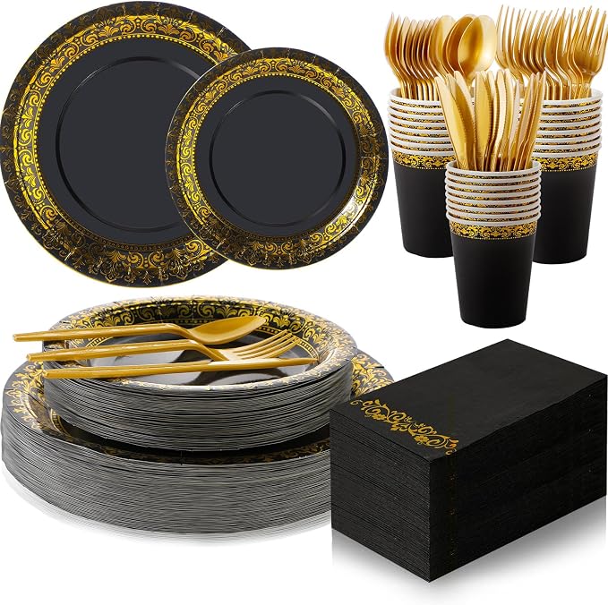 meekoo 350 Pcs Black Party Dinnerware Set Disposable Paper Plates for 50 Guests 9in and 7in Dinner Dessert Plates Napkins Gold Rim Plastic Cups Knives Forks Spoons for Party Wedding(Round Floral)
