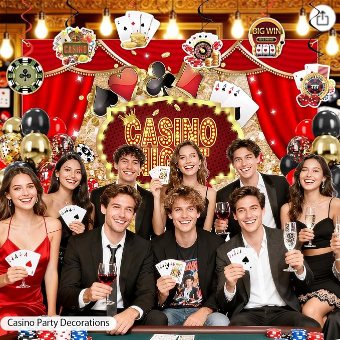 Casino Birthday Decorations - Casino Theme Birthday Backdrop, Banner, Hanging Swir, Latex & Foil Balloons, Cake & Cupcake Toppers for Poker Party Decorations