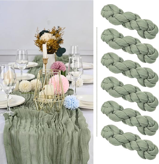 Showgeous 6 Pack Sage Green Cheesecloth Table Runner, 10FT Long Semi-Sheer Boho or Rustic Gauze Table Runner Wedding Table Decor for Wedding Arch Draping Bridal Shower Holiday Party St Patricks Day