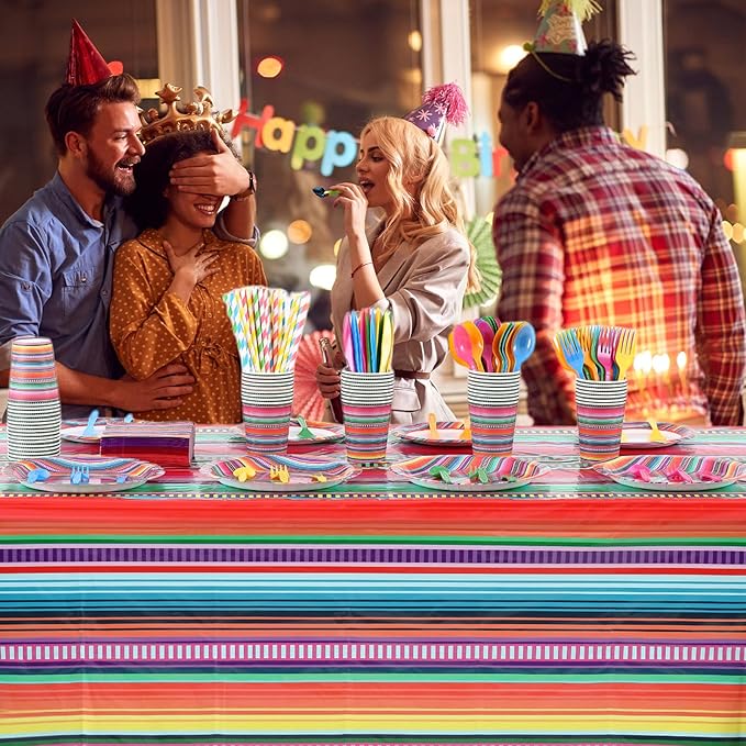 Funnymoom 452 Pcs Cinco De Mayo Party Decoration for 50 Guest, Mexican Serape Paper Plates Napkins Cups Tablecloth Cutlery Straws Fiesta Disposable Tableware Set for Mexico Birthday Party Supplies