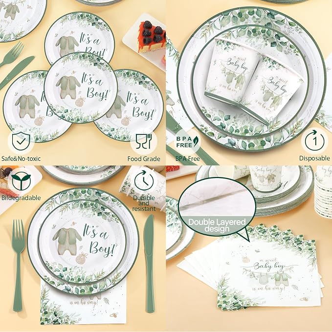 Sage Green Baby Shower Decorations Boy,A Sweet Baby Boy is on His Way Woodland Theme Party Supplies It's a Boe Tableware Set Serves 24 Guests includes Disposable Plates Cups Napkins and Cutlery