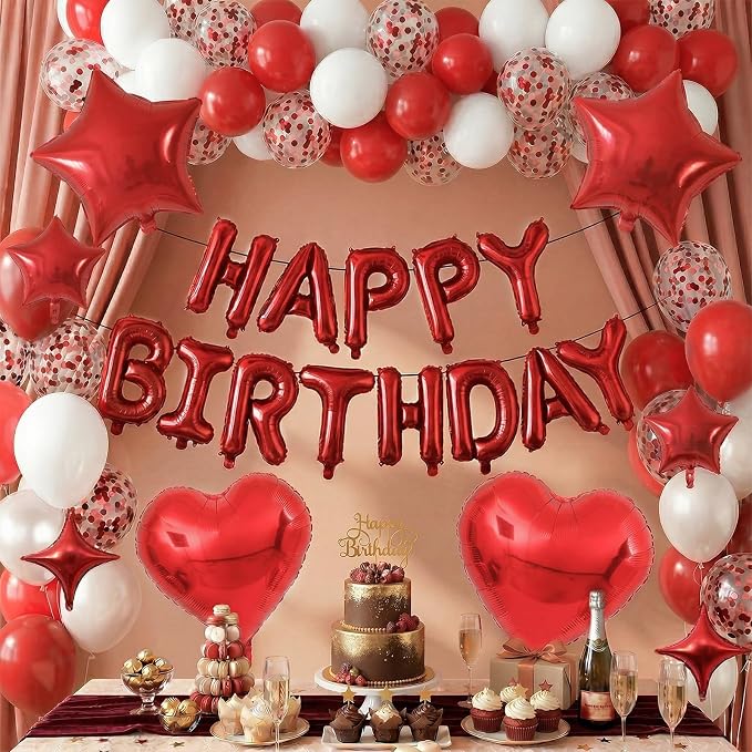 Red White Birthday Decorations for Women Girls Dark Red Metallic Pearl Whte Confetti Party Balloon Happy Birthday Banner Heart Foil Balloons 18/10 Inch Star Balloons for Bday Party Supplies
