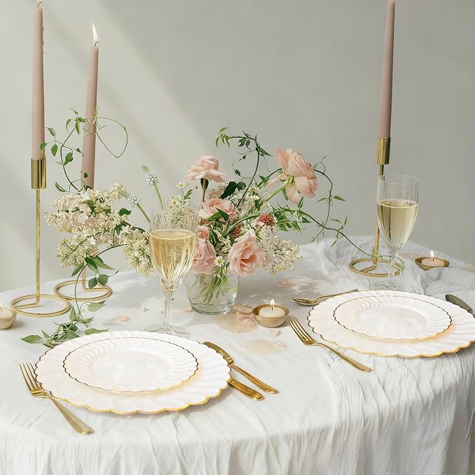 Ivory Disposable Plastic Plates 125pcs Scalloped Gold Rim for 25 Guests | Includes 25 Dinner and Dessert Plates 75 Gold Cutlery Elegant Tableware for Wedding Birthday Baby Shower Valentine Parties