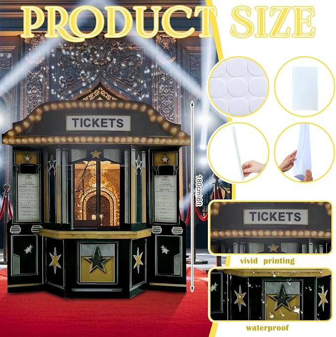 Threehoney 5.3 ft Movie Awards Night Party Decoration 3D Movie Theater Ticket Booth Cardboard Cutout Stand up Premiere Party Decorations Theater Ticket Booth Photo Backdrop for Awards Theme Decoration
