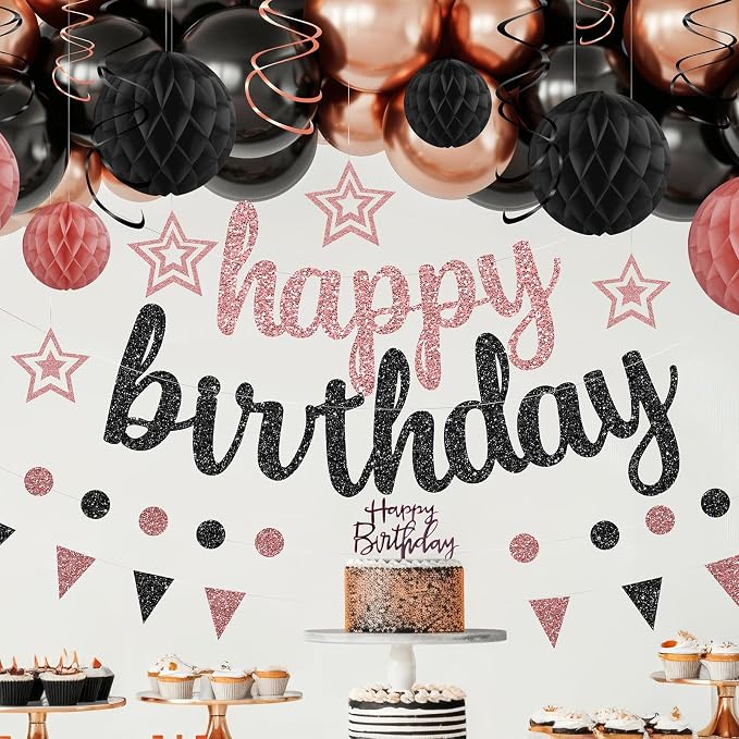 Rose Gold and Black Birthday Party Decorations Set - Happy Birthday Banner Balloons Foil Curtains Hanging Swirls for Women Girls Birthday Party Supplies