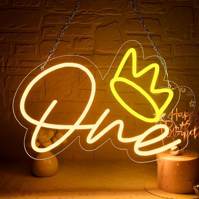 One Neon Sign for Wall Decor One Neon Light for First Birthday 1st Birthday LED Sign One Led Light for Birthday Party Wedding Decoration Baby Shower Decor Size 16.1 * 11.8 inch(D257)