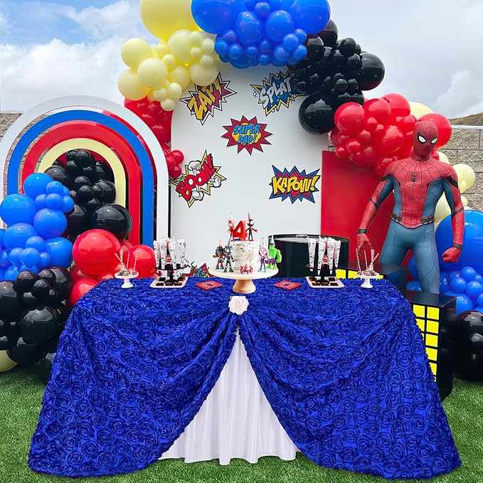 Fanqisi Royal Blue 50x80 Inches Rosette Tablecloth Rectangle Satin Tablecloth 3D Rosette Table Line Rectangle Table Cover Wedding Banquet Party Baby Shower Decor