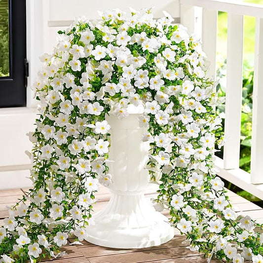 Waipfaru 4 Pcs Artificial Hanging Flowers for Outdoors, Fake Hanging Plants for Outdoor, UV Resistant Silk Faux Violet Flowers Spring Summer Decor for Planter Porch Patio Indoor Decoration, White