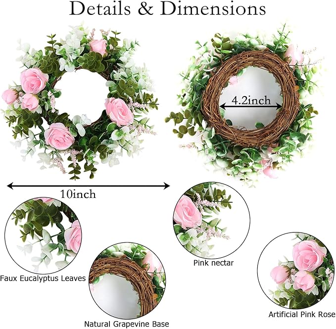 4 Pcs Rose Candle Rings - Artificial Pink Floral Wreaths with Eucalyptus Leaves Greenery Garland for Pillar Candleholders Wedding Centerpiece Party Home Table Decor