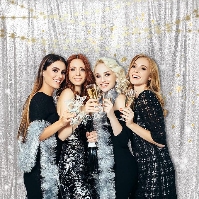 PartyDelight Silver Sequin Backdrop 10x10ft 4 Inch Rod Pocket | 3mm stitched silver sequins on mesh backing with 4 inch rod pocket for large wedding walls group photos stages and reception