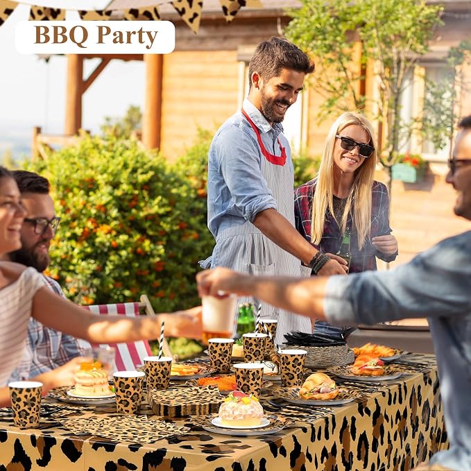 Funnymoom 452 Pcs Leopard Print Party Decoration Cheetah Print Paper Plates Napkins Cups Tablecloth Cutlery Straws Tableware for Jungle Safari Animal Theme Birthday Baby Shower Party Supplies Serve 50