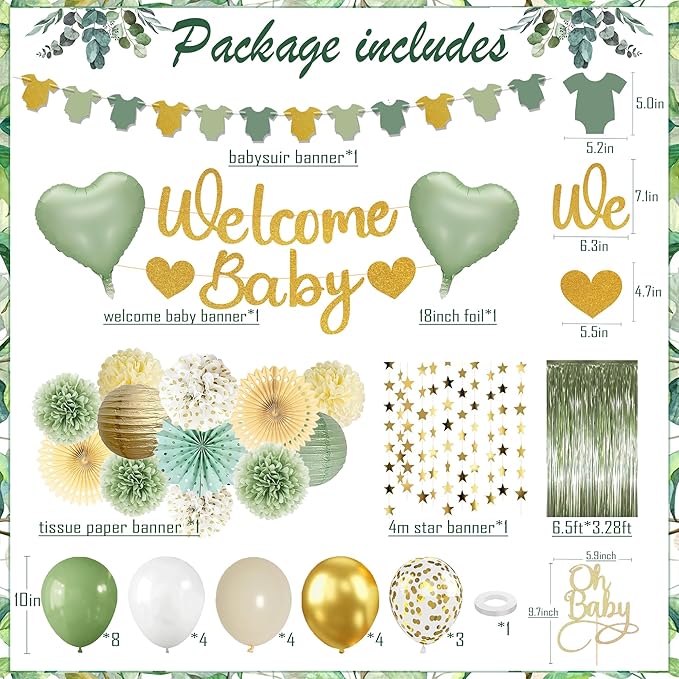 Sage Green Baby Shower Decorations - Gender Neutral Baby Shower Decor Set with Welcome Baby Banner, Tissue Pom Poms, Paper Lanterns, Flower Fans, Balloons, "Oh Baby" Cake Topper & Star Garland