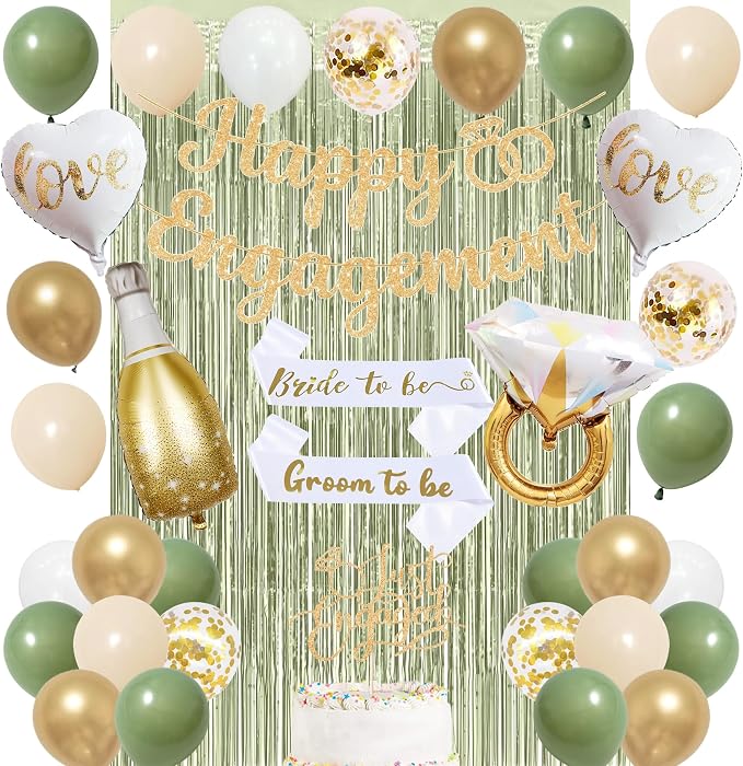 Trgowaul Green Gold Engagement Party Decorations, Happy Engagement Banner Backdrop, Bride&Groom Sash for Bridal Shower, Ring Foil Balloon, Just Engaged Cake Topper Wedding Shower Decor