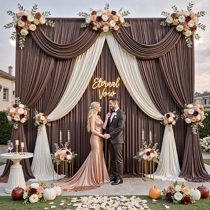 50ftx12ft Wrinkle Free Brown Backdrop Curtain,10 Panels 12FT Height Wedding Backdrop Drapes,Silky Polyester Back Drop Cloth for Birthday Photography Background Party Backdrop Draping