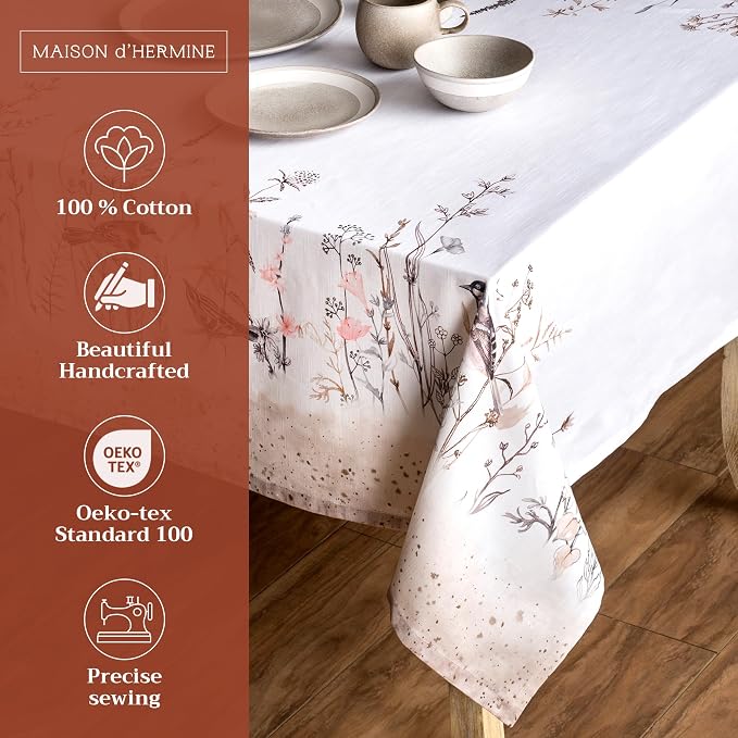 Maison d' Hermine Table Cloth Rectangle Table 100% Cotton 70 x 108 Inches Tablecloth Reusable Decorative for Dining Kitchen Room Farmhouse Party Hotel Restaurant Spring Summer - Meadow Florals - Brown