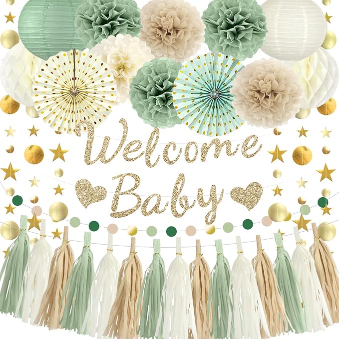 Sage Green Baby Shower Decorations - Welcome Baby Banner, Paper Lanterns, Tissue Pom Poms, honeycombs, Paper fan Tassel, Circle Dots Star, Gender Reveal Birthday Party Decorations