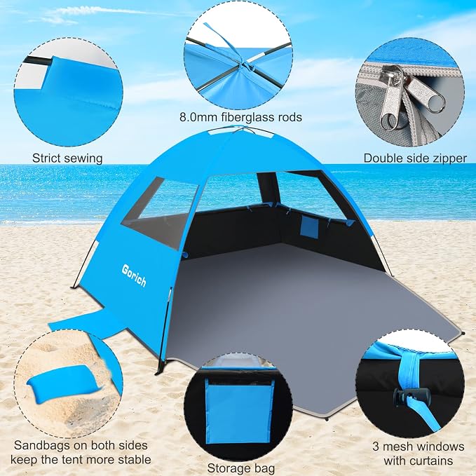 Gorich Beach Tent Sun Shelter for 3/4/6/8/10 Person with UPF 50＋ UV Protection, Lightweight & Easy Setup Beach Shade Canopy, Portable Beach Shade Tent Beach Cabana