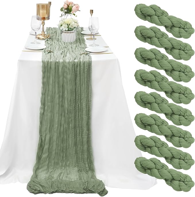 8 Pack Sage Green Cheesecloth Table Runner 10Ft Gauze Cheese Cloth Table Runner 35x120 Inch Boho Table Runners for Wedding Banquet Birthday Party Baby Bridal Shower Engagement Picnic Home Table Decor