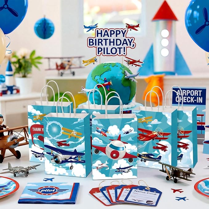 Outus 48 Pcs Airplane Party Favor Bags Paper Airplane Goodie Bags Plain Gift Pouch‌ Blue Aircraft Candy Treat Pouch‌ with Handles for Birthday Party Decorations Supplies