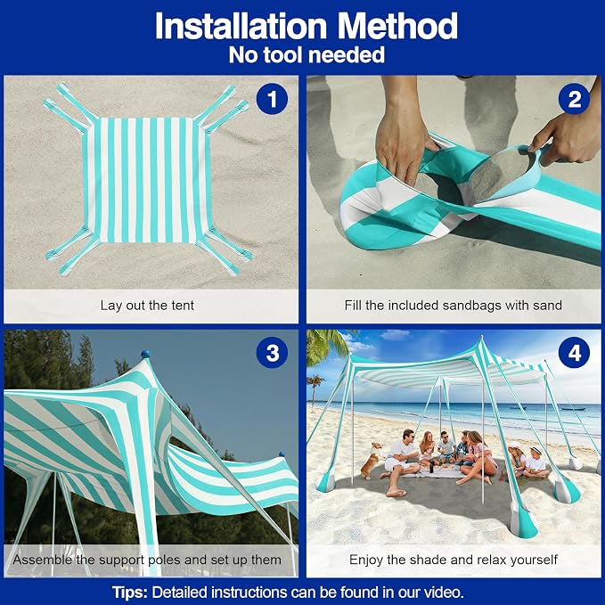 Rhino Valley Beach Tent, 10 x 10 FT Beach Shade UPF50+ Protection, Beach Canopy with 8 Sandbags 4 Stability Poles, Outdoor Beach Tent Sun Shelter Umbrella for Sand, Camping, Fishing,Mint Green Stripes