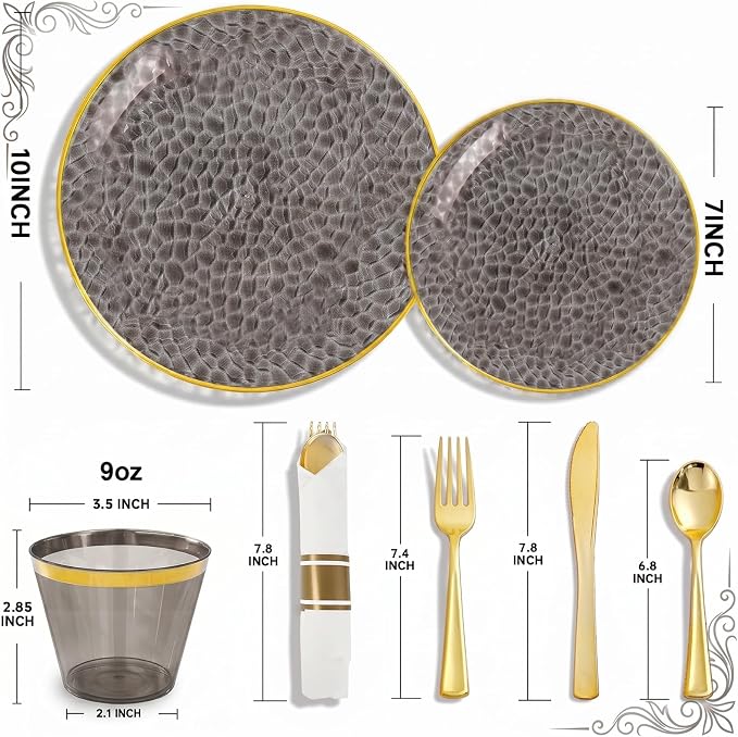 175PCS Black and Gold Plastic Dinnerware Set for 25 Guests, Disposable Plates for Party, Include: 25 Dinner Plates, 25 Dessert Plates, 25 Pre Rolled Napkins with Gold Silverware, 25 Cups