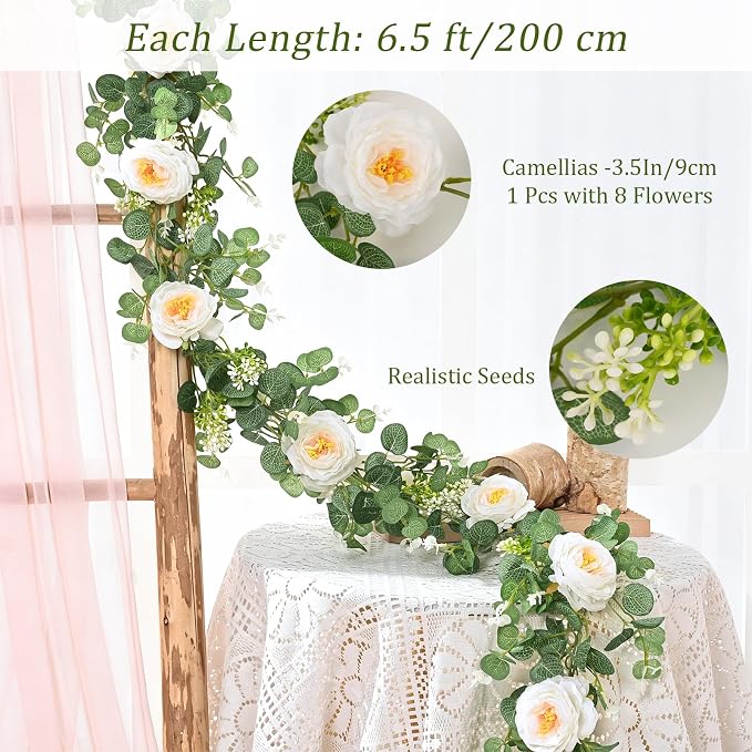 Dolicer 2Pcs 13Ft Artificial Eucalyptus Garlands with Flowers, Faux Floral Greenery Garlands Fake Flowers Vines for Wedding Table Centerpieces Arch Party Ceremony Backdrop Decor (White)