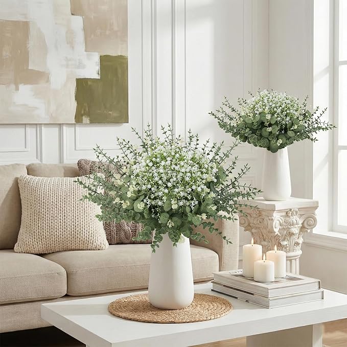 lovemoon Mixed Greenery Artificial Eucalyptus Stems, Baby Breath Artificial Flowers Bulk and Eucalyptus Leaves for Wedding Bouquets Home Office Floral Decor (200, Green and White)