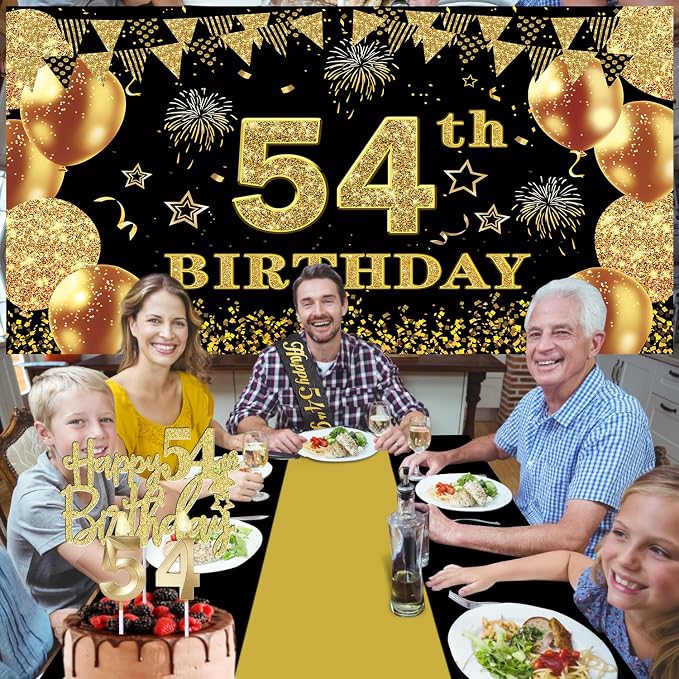 54th Birthday Decorations Men Women with 54th Birthday Banner, Black and Gold Table Cloth, Number Balloons, Large Sash, Cake Topper and Candles