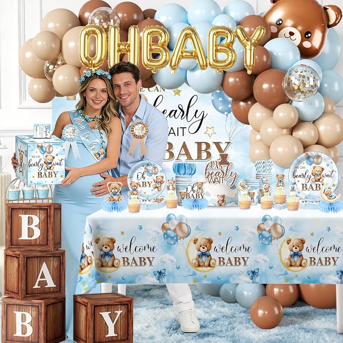 342Pcs Blue Bear Baby Shower Decorations Serves 25, All-in-1 Bear Party Decorations with Balloon Arch Kit Flower Crown Headband Plates Napkins Cake Topper Tablecloth Backdrop Blue Baby Shower Decor