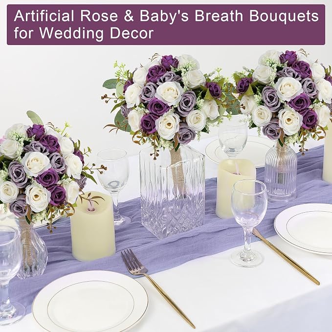 Set of 6 Bridesmaid Bouquets for Wedding - 7 Inch Artificial Ivory Flower Bouquet for Party Ceremony Anniversary Dinning Table Centerpieces Decor - Dusty Purple