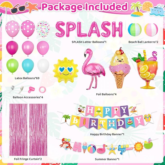 Summer Pool Beach Party Decorations, Splash Birthday Bash Party Supplies Tropical Summer Banner Beach Ball Lantern Fringe Curtain Foil Balloons Arch for Girls Swimming Luau Hawaiian Party Decor(Pink)