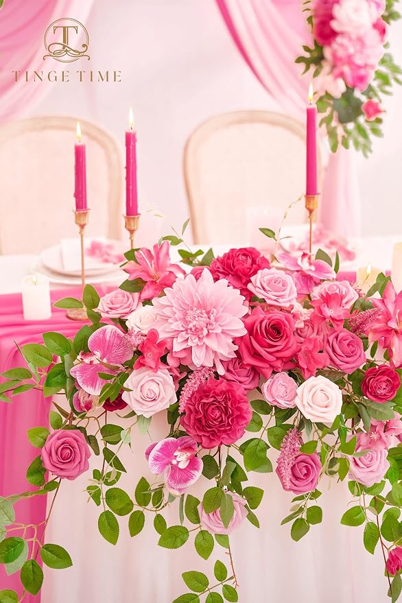 TINGE TIME Artificial Sweetheart Flower Swag with Table Cloth and Table Runner, Pack of 3 Floral Arrangement for Wedding Sweetheart Table Centerpiece Decoration Valentine's Day (Hot Pink)