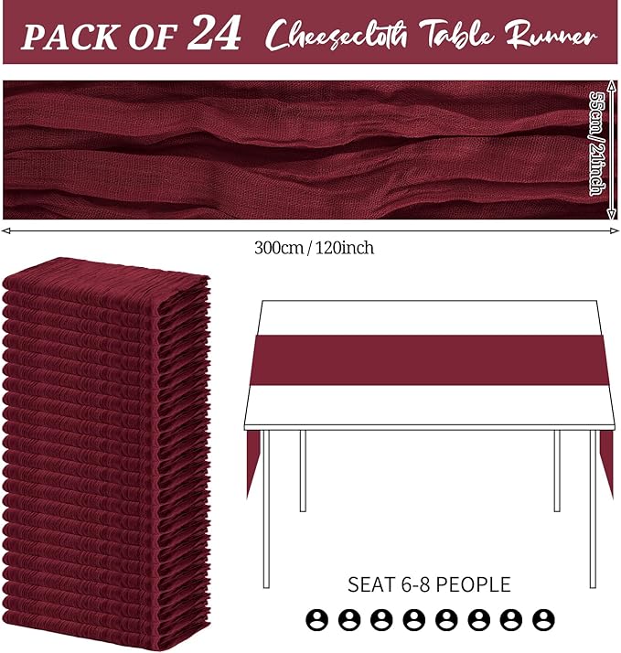 24 Pack Cheesecloth Table Runner 20 x 120 inch Cheese Cloth Table Runner Bulk,Romantic Boho Sheer Gauze Fabric Table Runners for Wedding Reception,Party,Bridal Shower Table Decor(Burgundy)