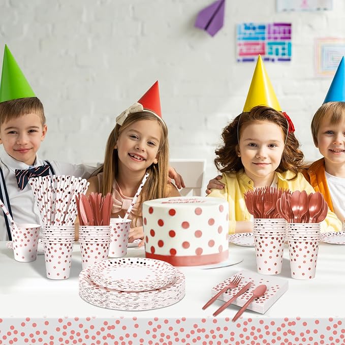 Nkaiso 193 Pcs Rose Gold Paper Plates and Napkins Party Supplies Sets Include White Party Plate Cup Napkin Plastic Cutlery for Baby Shower, Wedding, Birthday Decoration -24 Guest