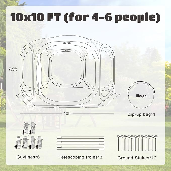 Werph 10x10 Pop Up Screen Tent, Mosquito Net Gazebo, UV Resistant, Green | Roof Waterproof Screen Canopy, Quick Setup Outdoor Shelter for Backyard, Patio, Garden, Picnic, Camping and Events
