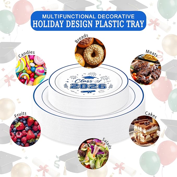 150 Pcs 2026 Graduation Plastic Plates with Disposable Silverware Serves 30 Guests, White Blue Graduation Disposable Plates Including 30 Dinner&Dessert Plates, Cups, Napkins, Gold Forks for Party