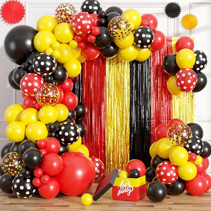 Red Yellow Black Balloon Garland Arch Kit Birthday Party Decorations, Cartoon Themed Foil Fringe Curtains Backdrop Tinsel Streamer Photo Booth Props for Christmas New Years Party Decor Supplies