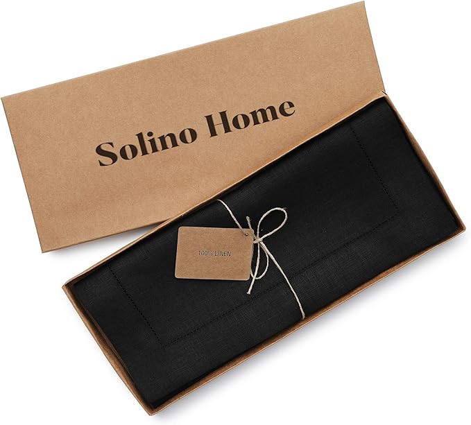 Solino Home Linen Black Table Runner 72 Inches Long - 100% Pure Linen Hemstitch Table Runner 14 x 72 Inch for Dresser, Dining, Spring, Summer, Mothers Day - Classic Hemstitch