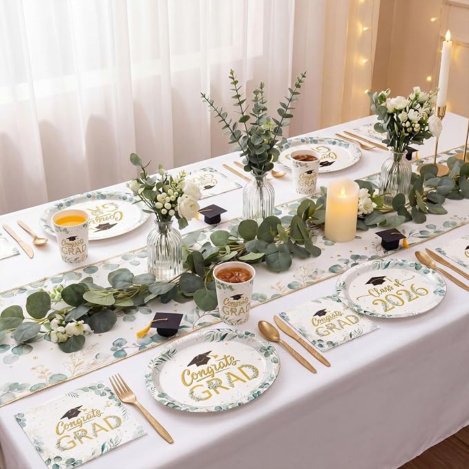 Pajean 350 Pcs Class of 2026 Greenery Graduation Party Decorations 12 inch Disposable Sage Green Leaves Oval Plates Napkins Green Heavy Duty Paper Tableware Set for 50 Guests Grad Party Supplies