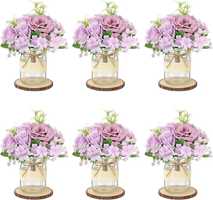Set 6 Mason Jar Table Centerpiece - Wedding Centerpieces for Tables, Mason Jar Flower Centerpiece Vases Decor- Boho Farmhouse Rustic for Engagement, Bridal Shower, Wedding, Versatile Decor (Purple)