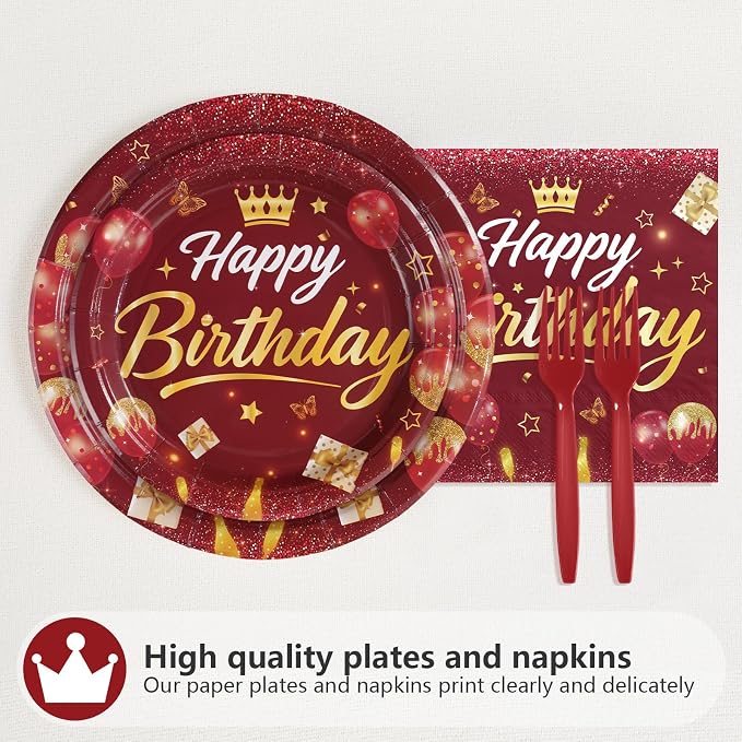 96Pcs Burgundy Birthday Party Decorations Maroon Wine Red Gold Birthday Paper Plates and Napkins Sets Red Golden Burgundy Theme Decorations for Winter Holiday Bday Dinner Party Supplies Serves 24