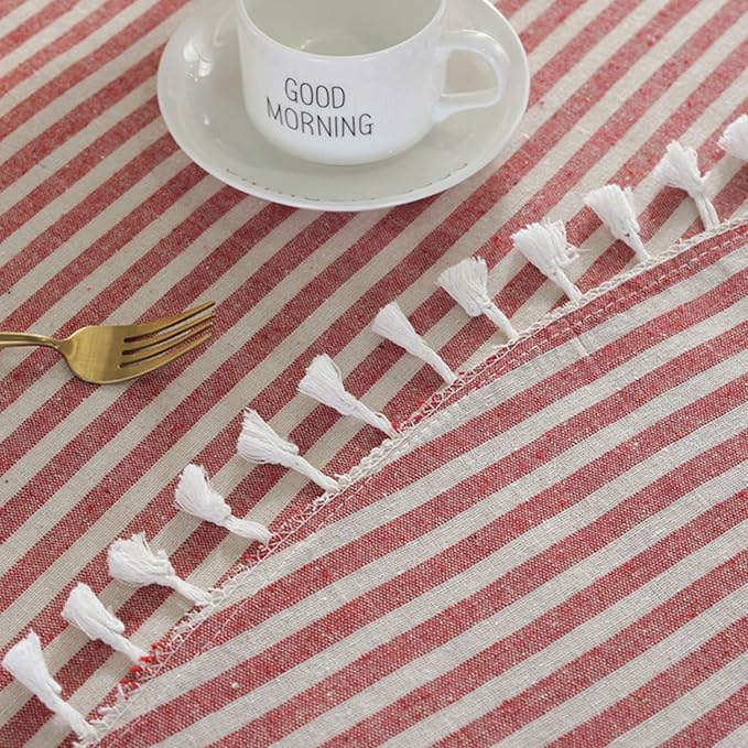 meioro Round Tablecloth Stripe Tassel Table Cloth Cotton Linen Dust-Proof Table Cover for Dining Circle Coffee Side End Card Tables, Parties Holiday Indoor Outdoor Use (Red/White Stripes, 60 Inch)