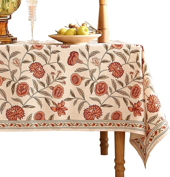 ISAENNE Designer French Linen Rectangular Tablecloth,94"x63"-Alvarado D | Vintage Elegant Beautiful Table Cloth for Rectangle Table,Orange Floral Pattern,Dining Room,Tea Party,Kitchen,Thanksgiving