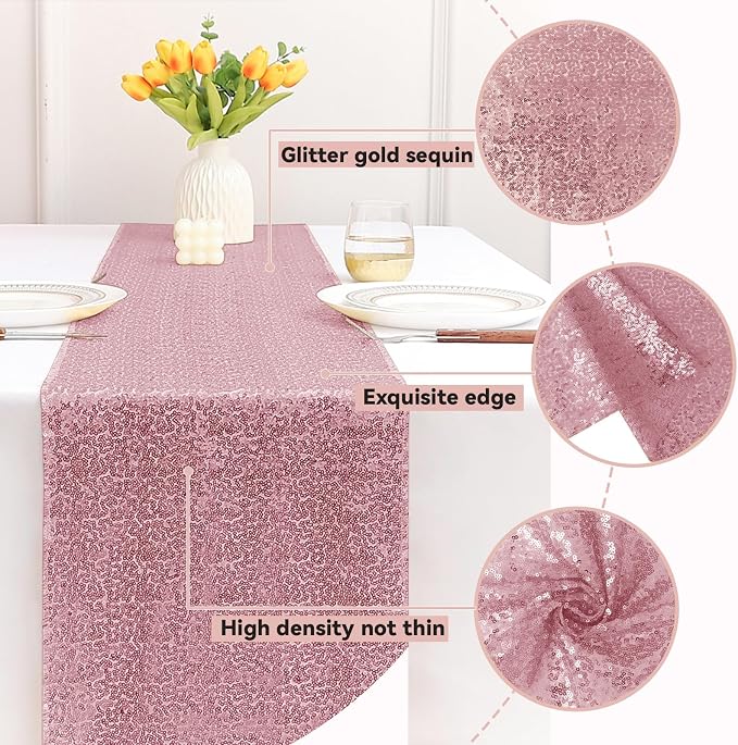 Sugargirl 10 Packs 12 x 72 inches Sequin Table Runner, Glitter Rose Pink Table Runner for Birthday Party Supplies Wedding Holiday Celebration Event Decorations